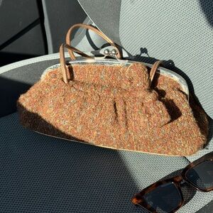 Wool Tweed Brown Ruched Frame Handbag